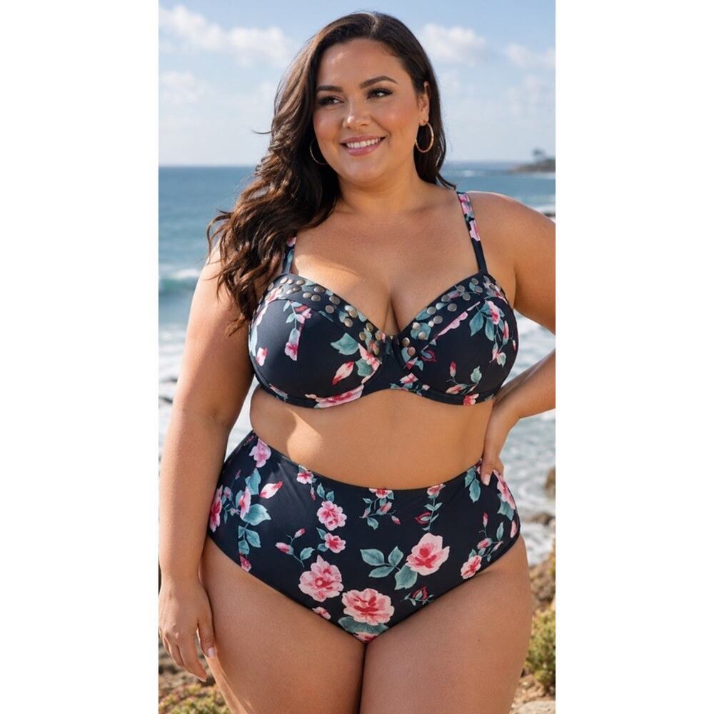 NWT Paramour Plus 1X Padded Floral Studded 2pc Bikini Set Tropical Coastal